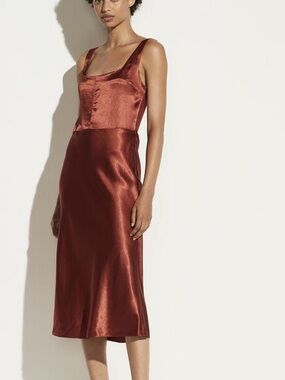Vince Rust Satin Slip Midi Dress-